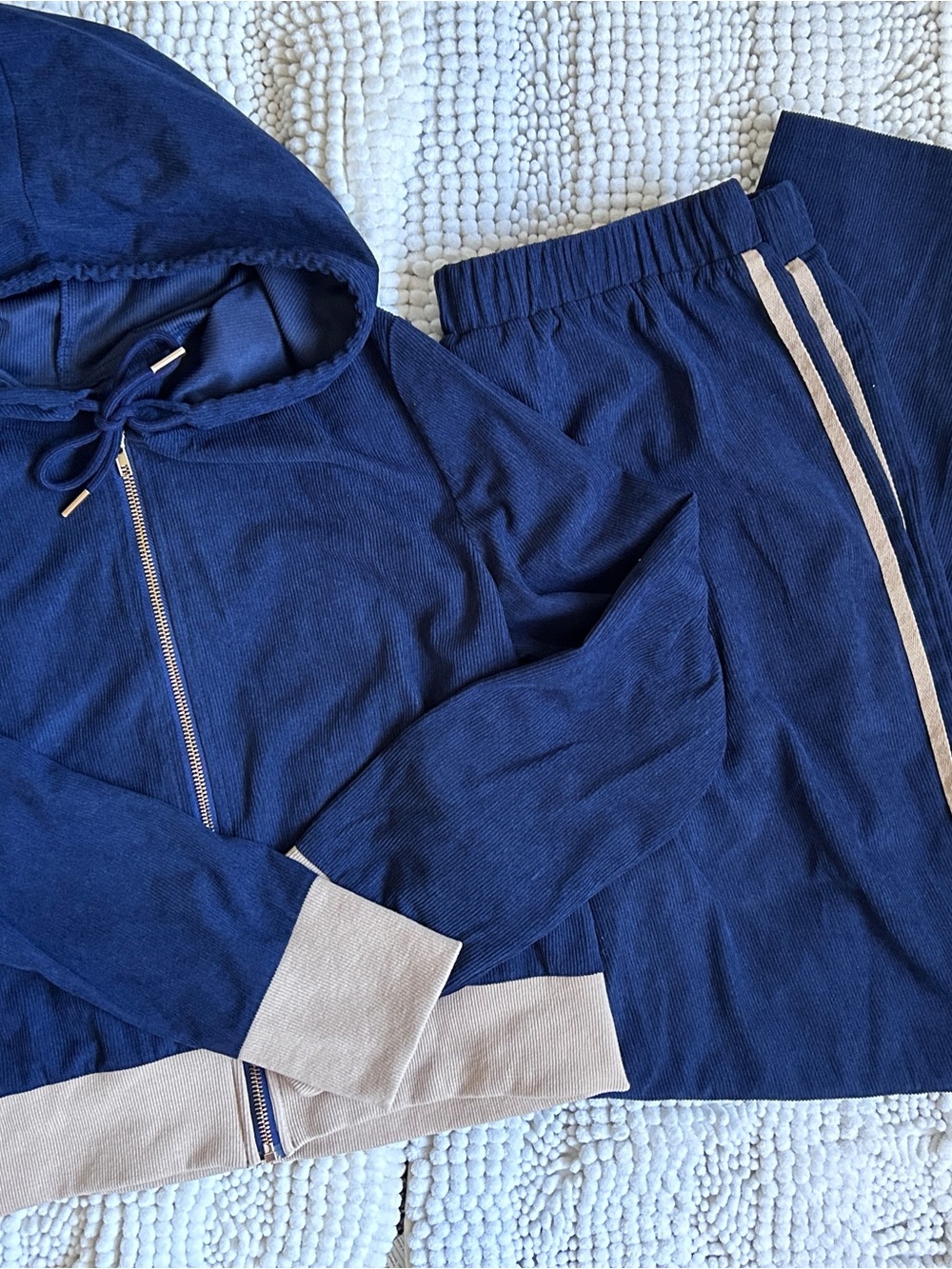 Navy Blue Two-Piece Hoodie & Jogger Set with Navy with Beige Trim Size XL